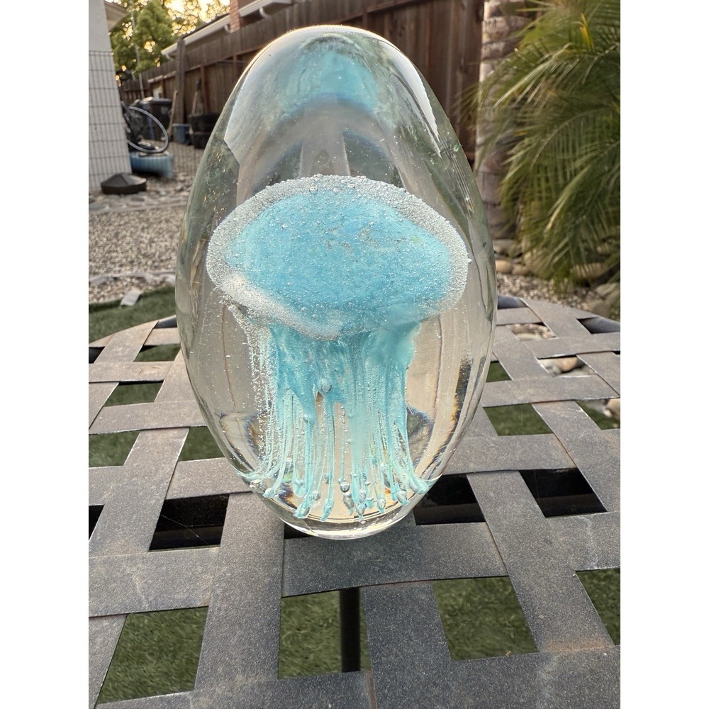 Art Glass Jellyfish Hand Blown Paperweight 5.75" Blue Vintage Home Decor